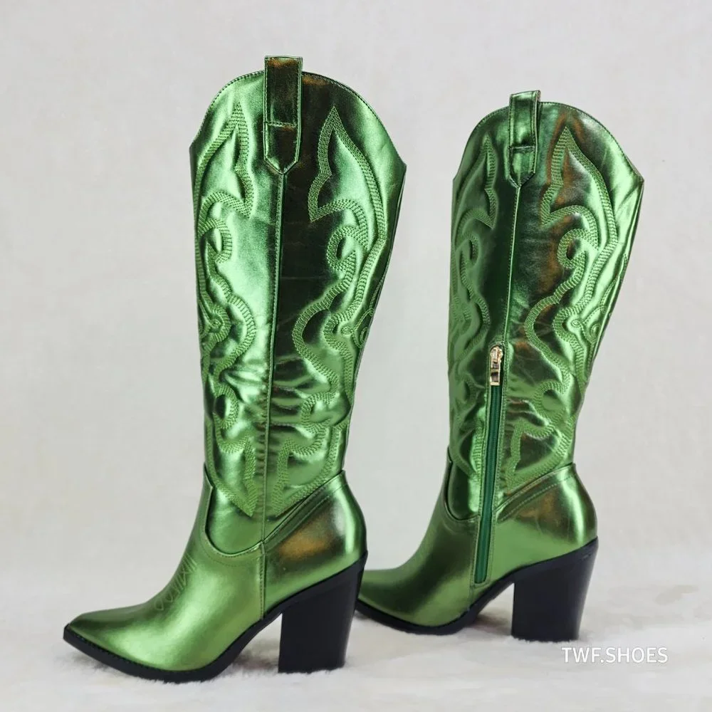 Electric Cowboy Brush Metallic Matte Western Knee High Cowgirl Boots Green - Picture 5 of 11